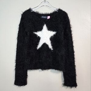 Children's Place Black Fuzzy Eyelash Sweater with White Star, Size 5 ~ VGUC